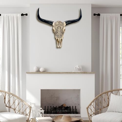 Carved cow skull longhorn wall decor sculpture