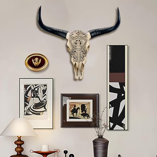 Carved cow skull longhorn wall decor sculpture
