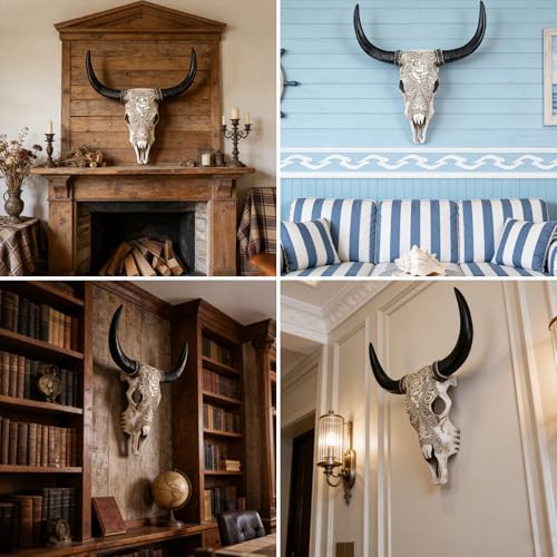 Cow Skull Wall Sculpture with Ganesha Relief in White Resin