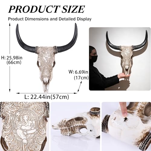 Cow Skull Wall Sculpture with Ganesha Relief in White Resin