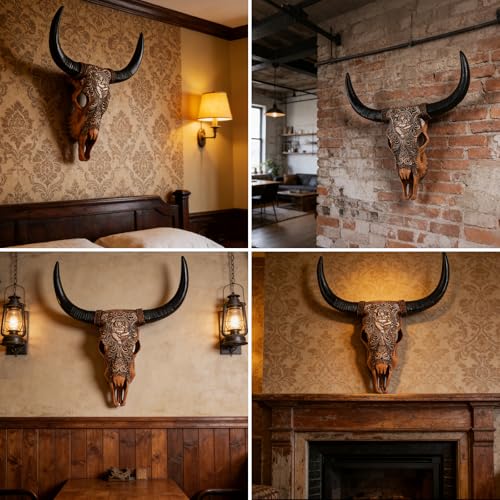Cow Skull Wall Sculpture with Ganesha Relief in Resin