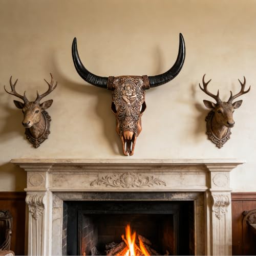 Cow Skull Wall Sculpture with Ganesha Relief in Resin