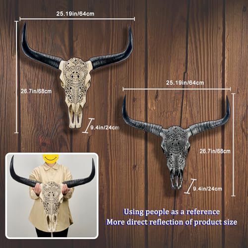 Carved cow skull longhorn wall decor sculpture