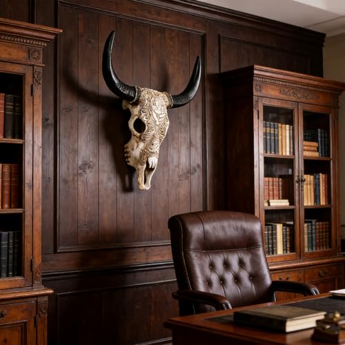Cow Skull Wall Sculpture with Ganesha Relief in White Resin