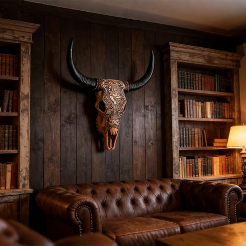 Cow Skull Wall Sculpture with Ganesha Relief in Resin