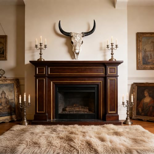 Cow Skull Wall Sculpture with Ganesha Relief in White Resin