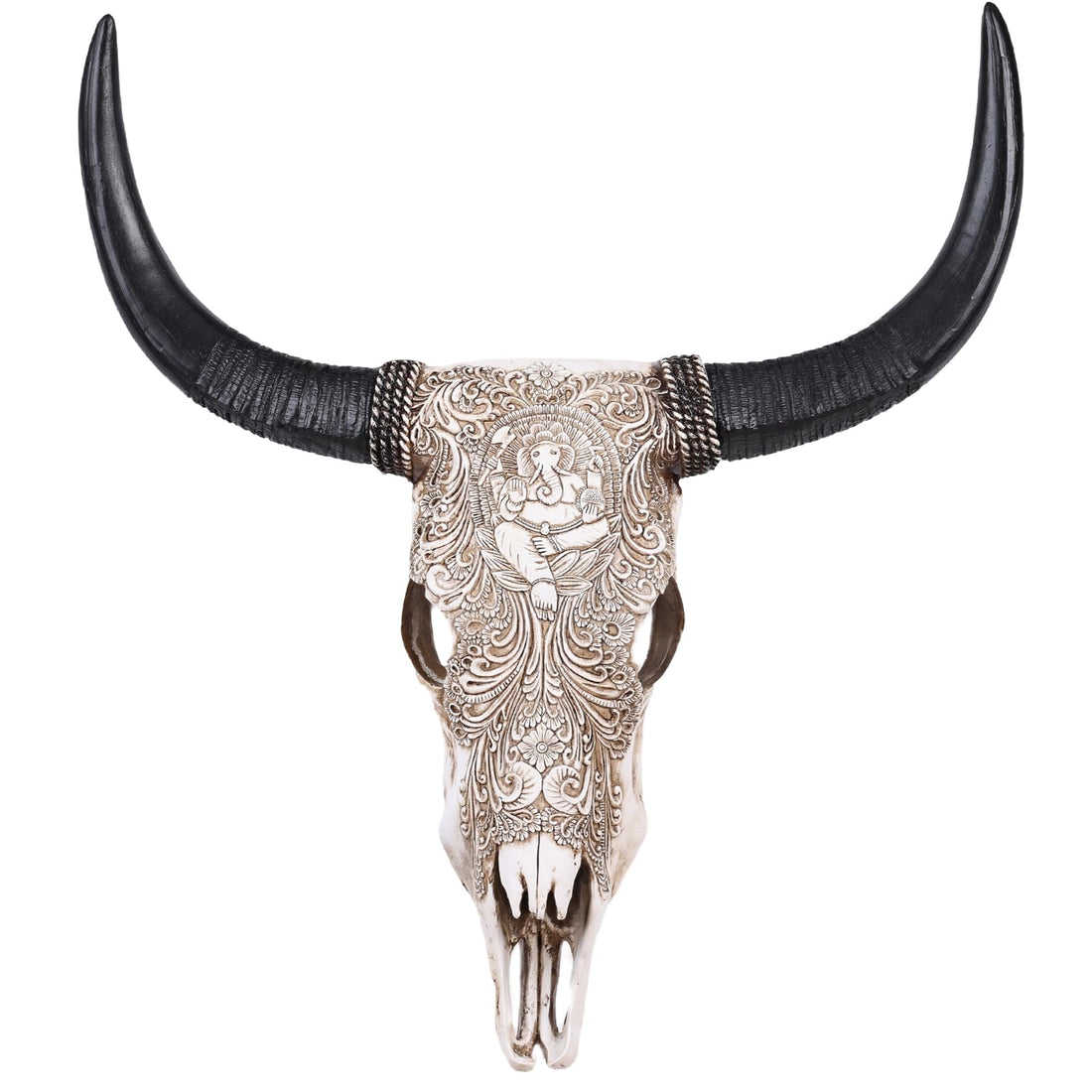 Cow Skull Wall Sculpture with Ganesha Relief in White Resin-Wall Sculpture-OVERSCALE ART