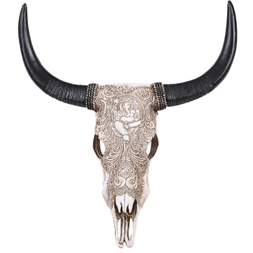 Cow Skull Wall Sculpture with Ganesha Relief in White Resin