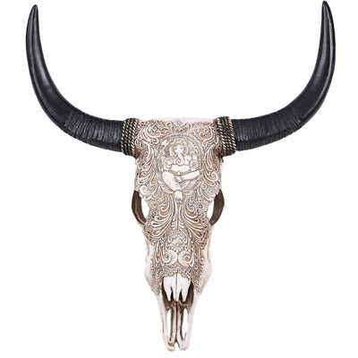 Cow Skull Wall Sculpture with Ganesha Relief in White Resin