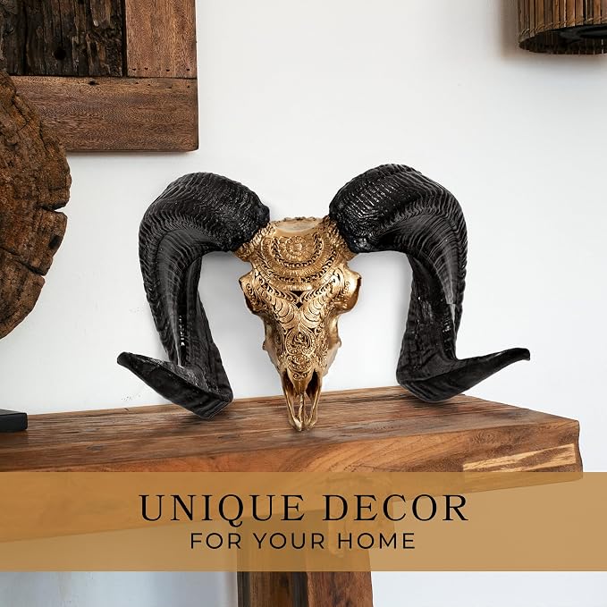 Carved Ram Skull Sculpture with Unique Horns