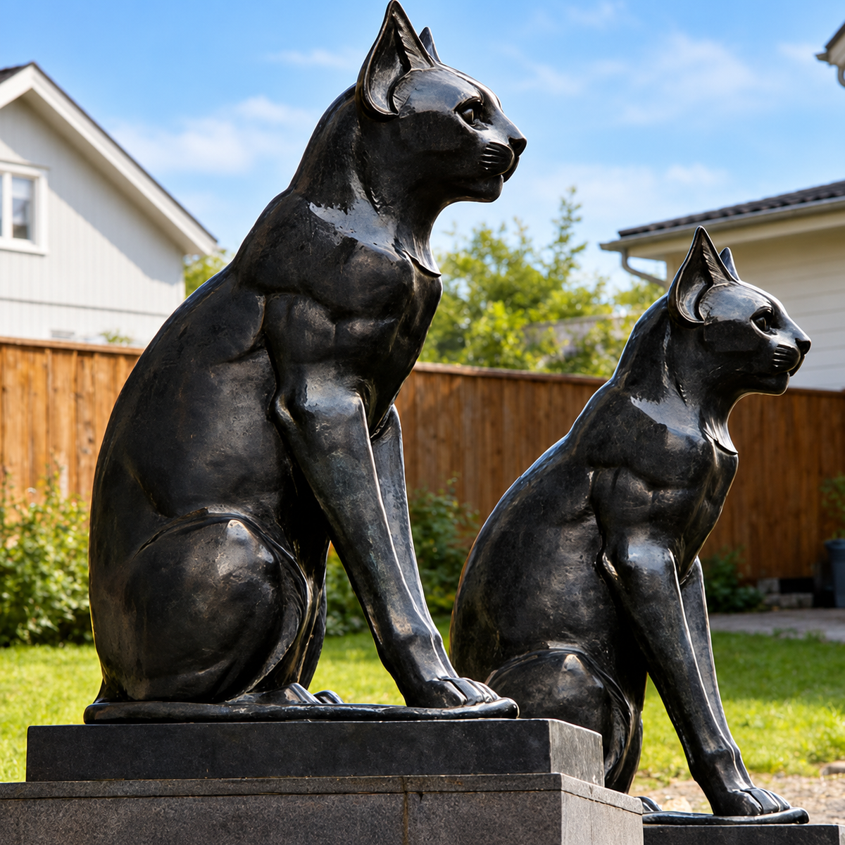 Pair Sitting Bronze Cat Statue Casting Sculpture