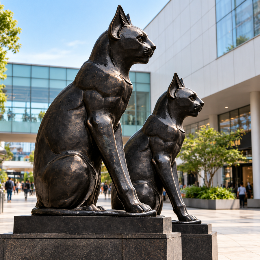 Pair Sitting Bronze Cat Statue Casting Sculpture