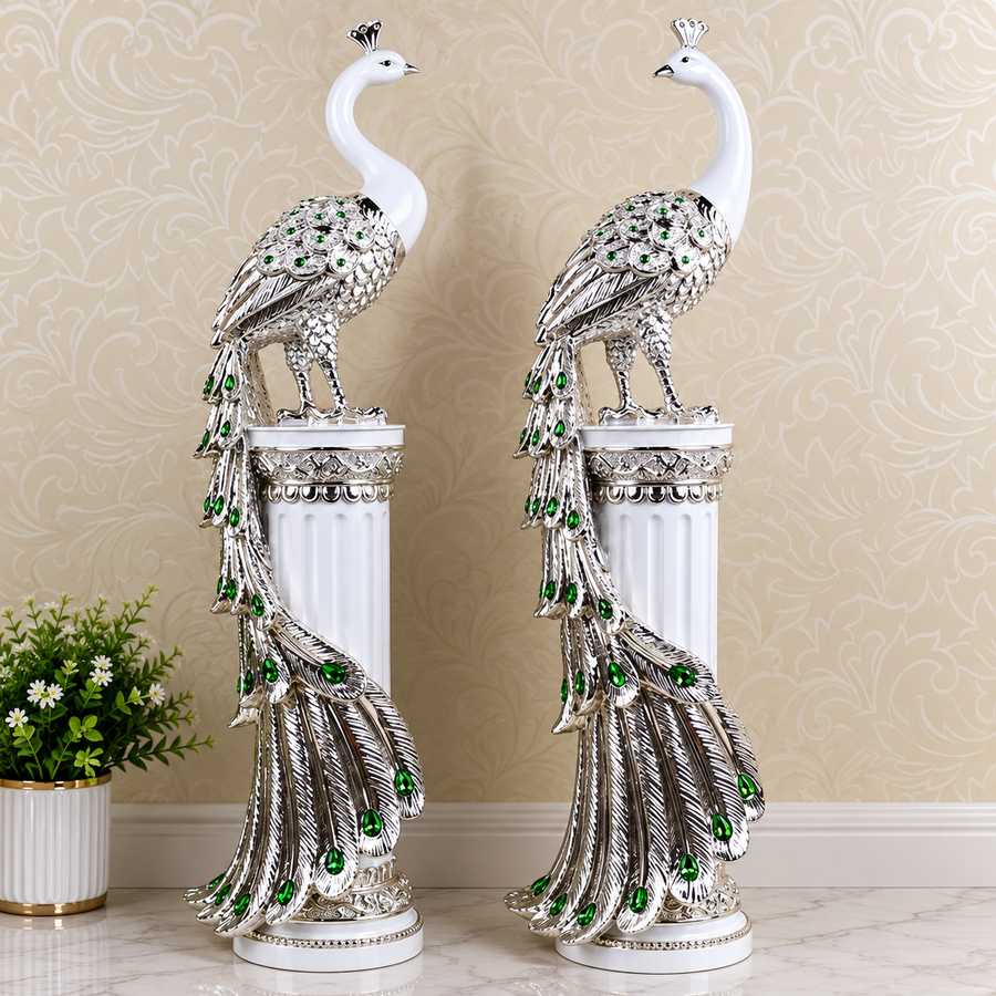 White Metallic Resin Peacock Sculpture for Indoor Decor
