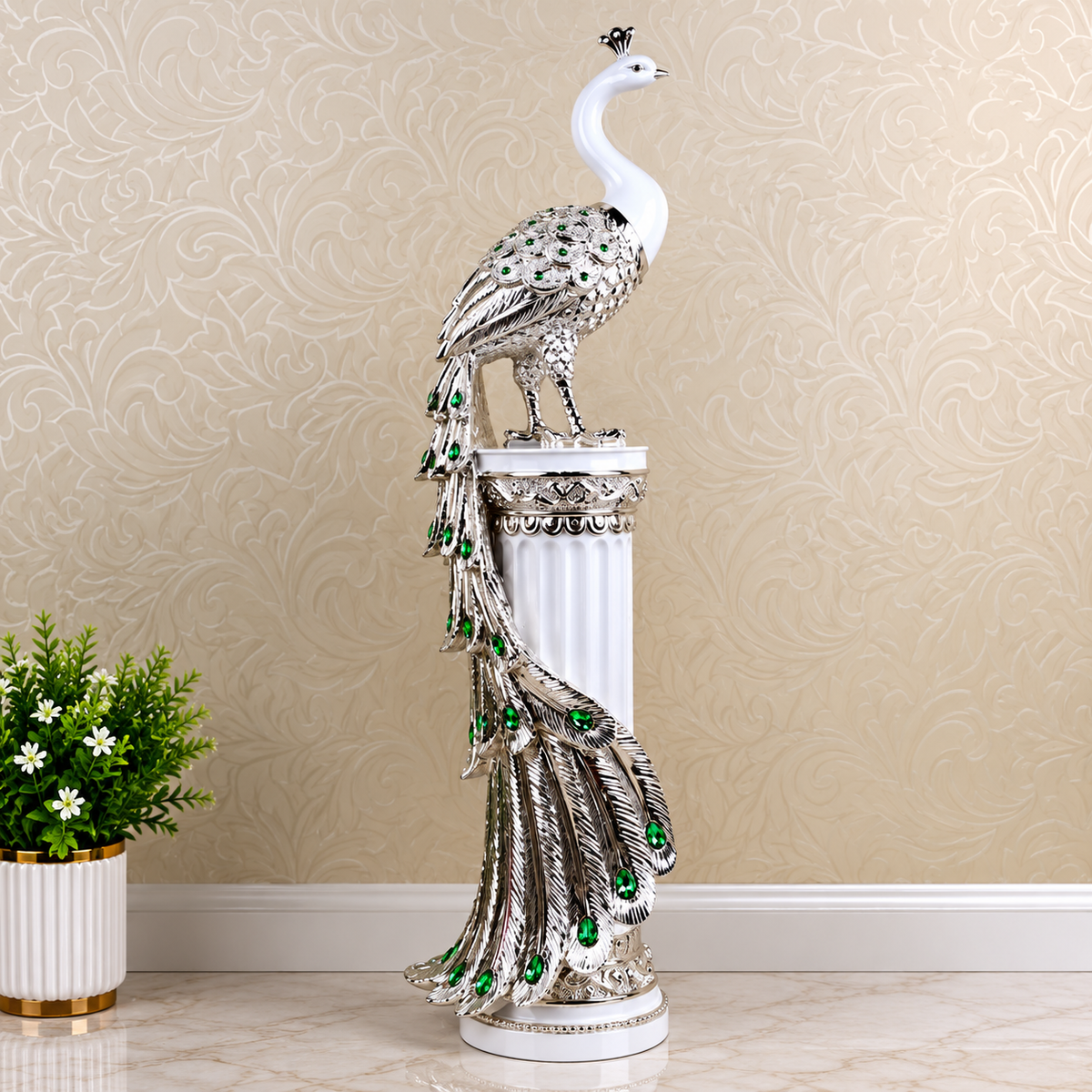 White Metallic Resin Peacock Sculpture for Indoor Decor