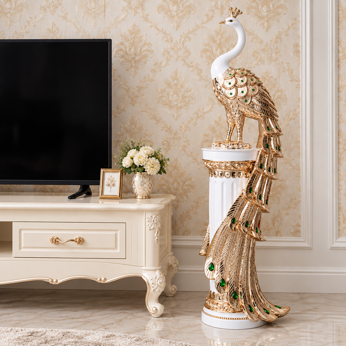 White Metallic Resin Peacock Sculpture for Indoor Decor