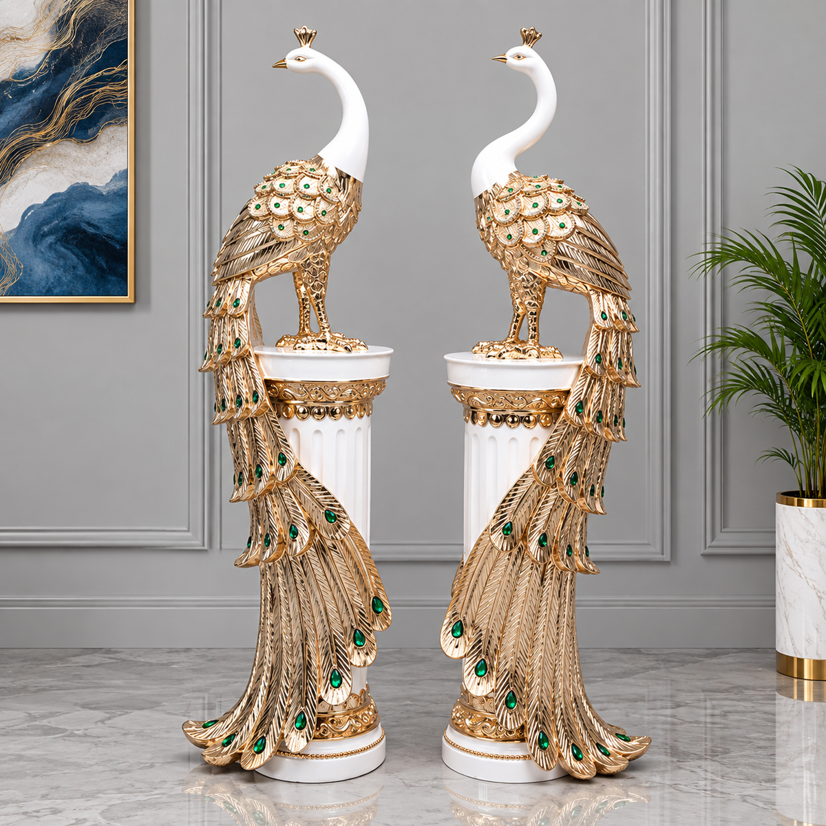 White Metallic Resin Peacock Sculpture for Indoor Decor