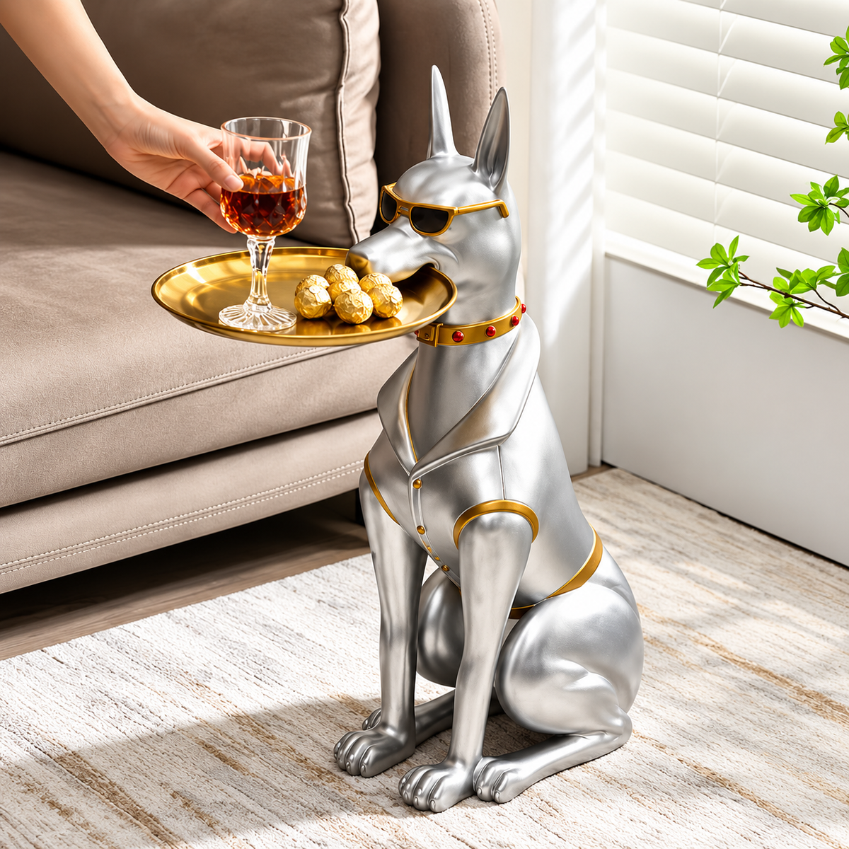 Resin Dog Floor Sculpture in Black or Silver