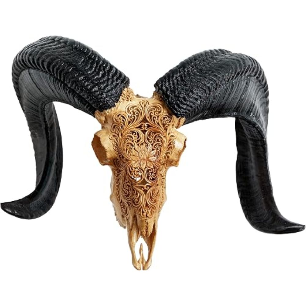 Carved Ram Skull Sculpture with Unique Horns