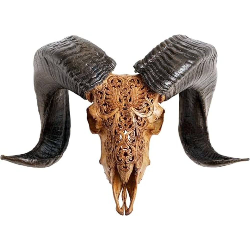 Carved Ram Skull Sculpture with Unique Horns