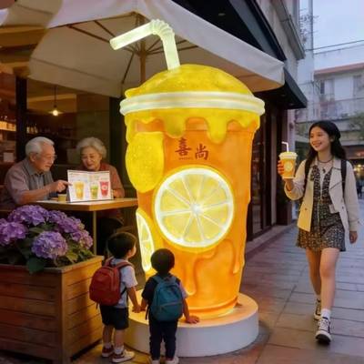 Light Up Lemon Milk Tea Cup Fiberglass Sculpture Decor