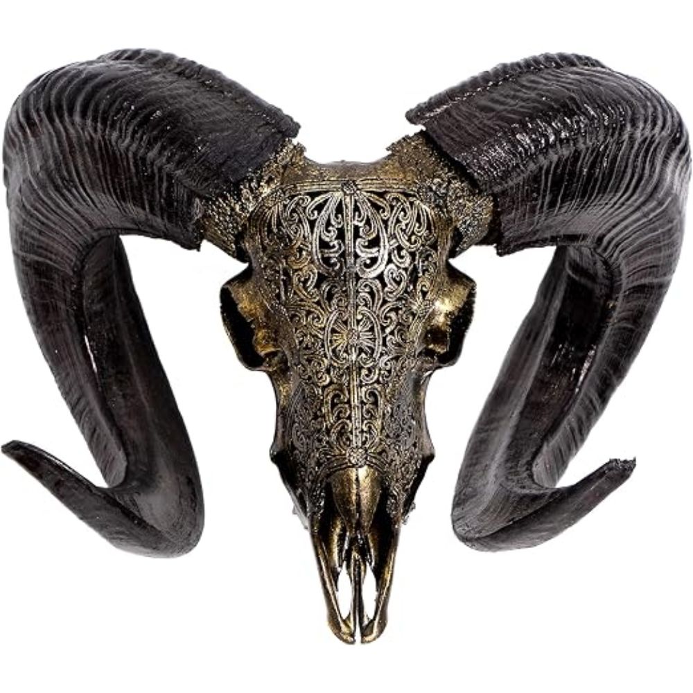 Carved Ram Skull Sculpture with Unique Horns