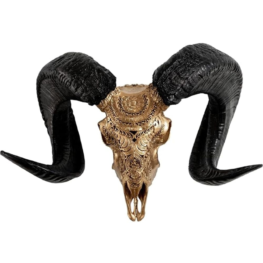 Carved Ram Skull Sculpture with Unique Horns