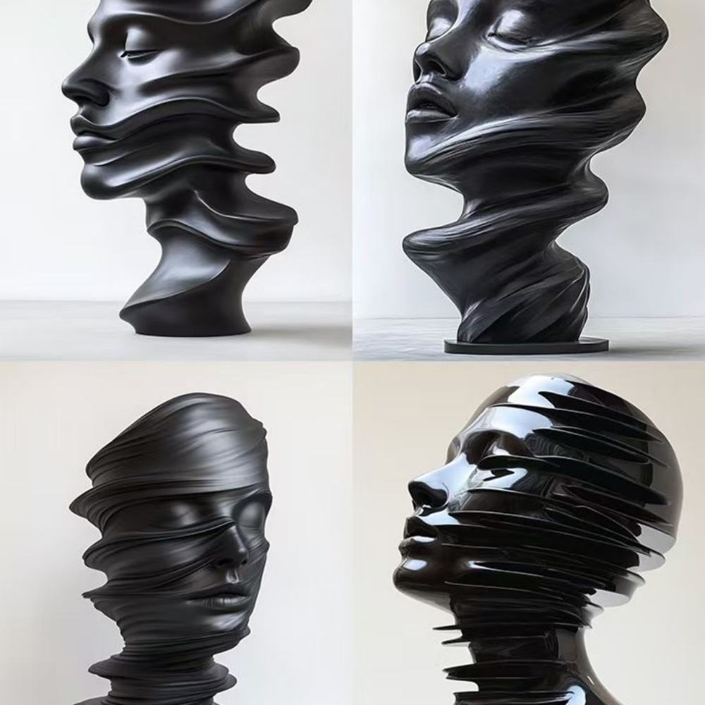 Modern Abstract Black Face Fiberglass Twisted Ribbon Bust Sculpture-Decorative Sculpture-OVERSCALE ART