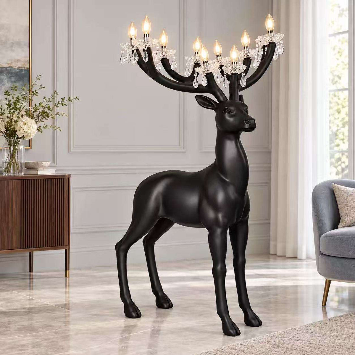 Light Large Fiberglass Stag Sculpture with Crystal Chandelier