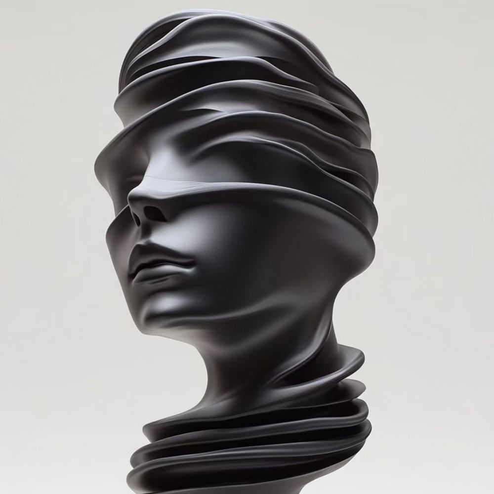 Modern Abstract Black Face Fiberglass Twisted Ribbon Bust Sculpture-Decorative Sculpture-OVERSCALE ART
