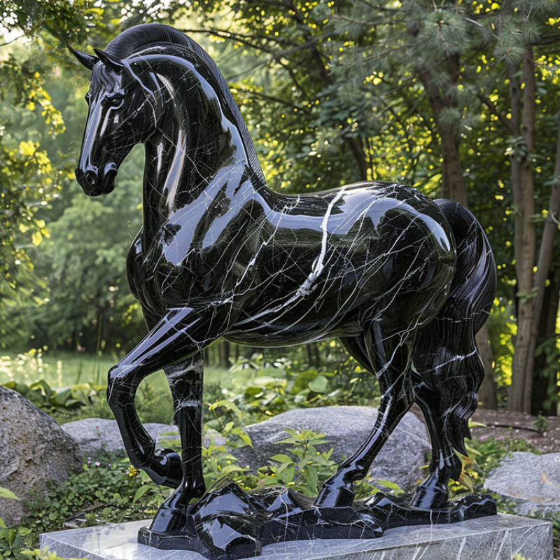 Black Marble Horse Garden Statue-Garden Sculpture-OVERSCALE ART