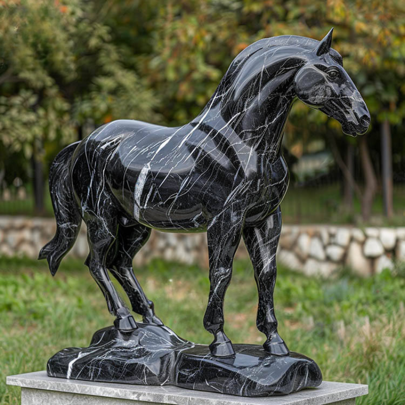 Black Marble Horse Garden Statue-Garden Sculpture-OVERSCALE ART