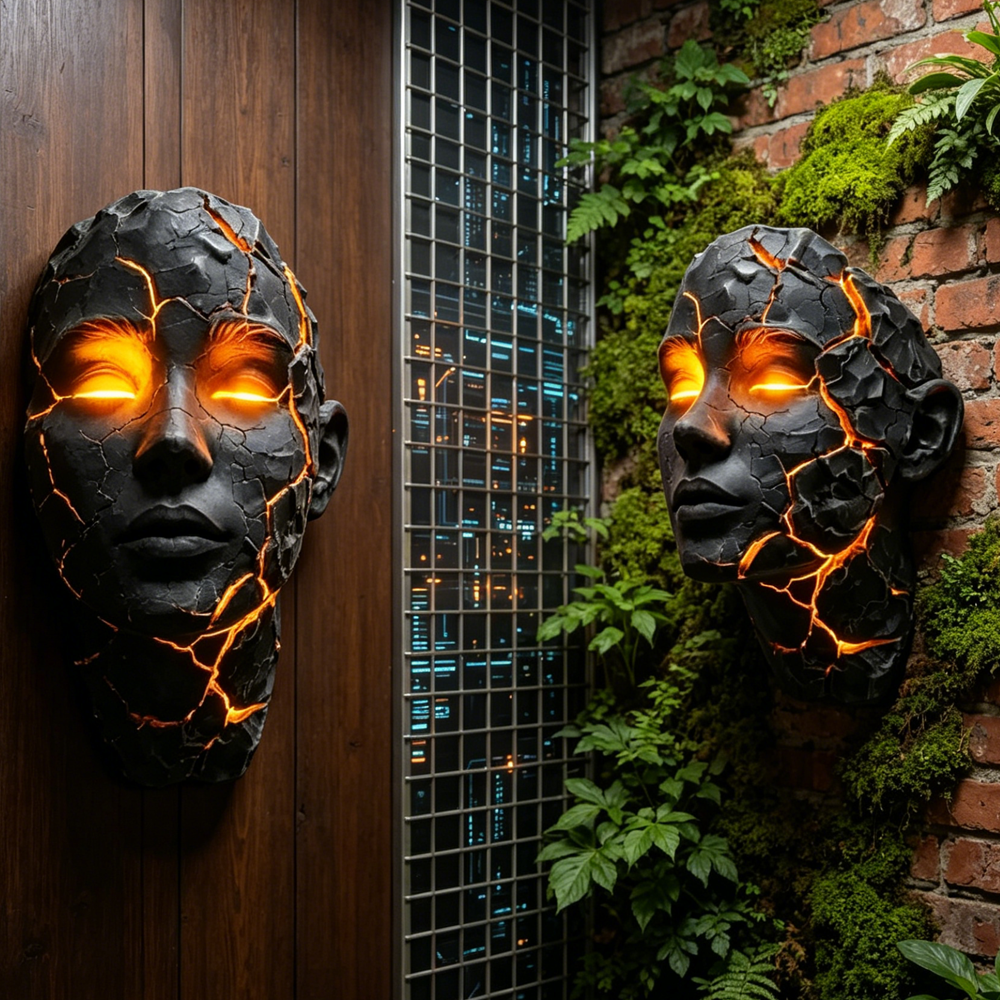 Creative Fiberglass Face Sculpture Wall Art with LED Lighting