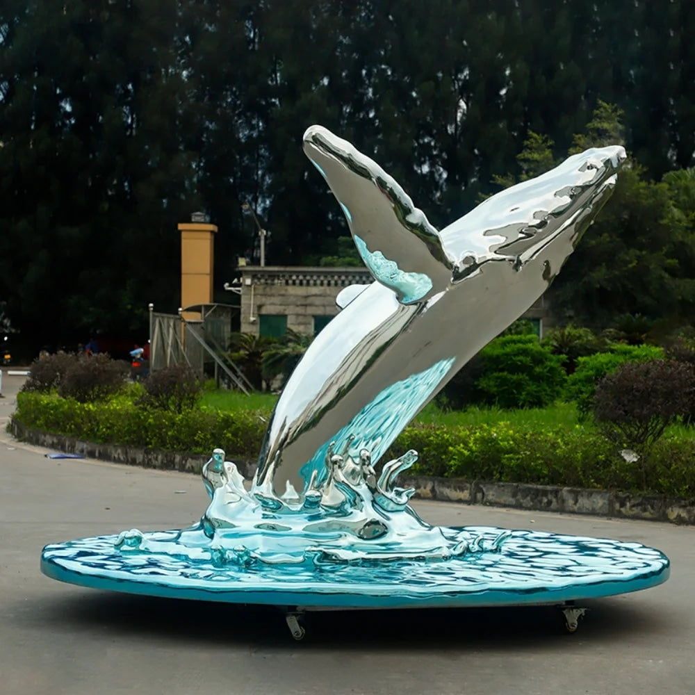 Dynamic Breaching Whale Sculpture Reflective Metal Art Object