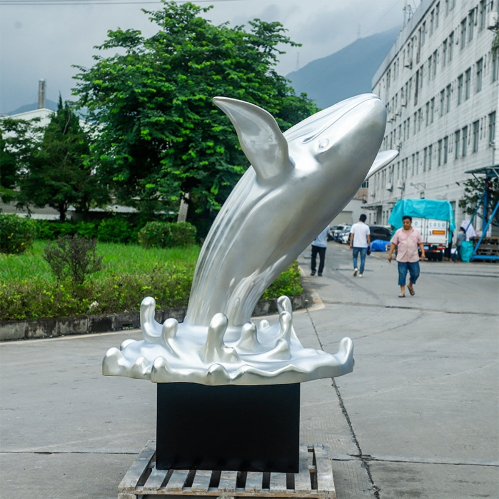Dynamic Breaching Whale Sculpture Reflective Metal Art Object