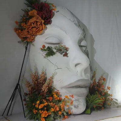 Giant Cracked Large Face Sculpture With Floral Arrangement Display