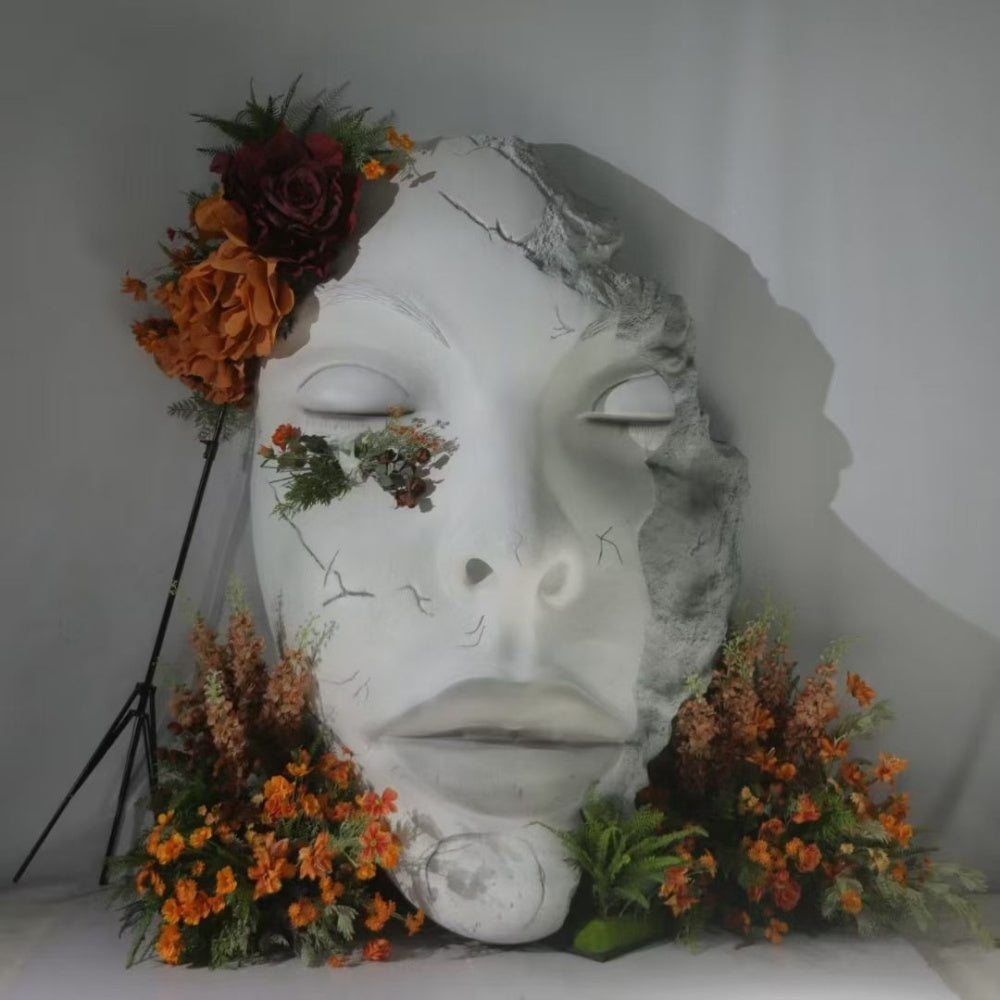 Giant Cracked Large Face Sculpture With Floral Arrangement Display