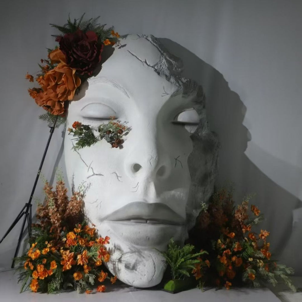 Giant Cracked Large Face Sculpture With Floral Arrangement Display