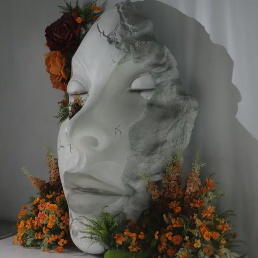 Giant Cracked Large Face Sculpture With Floral Arrangement Display