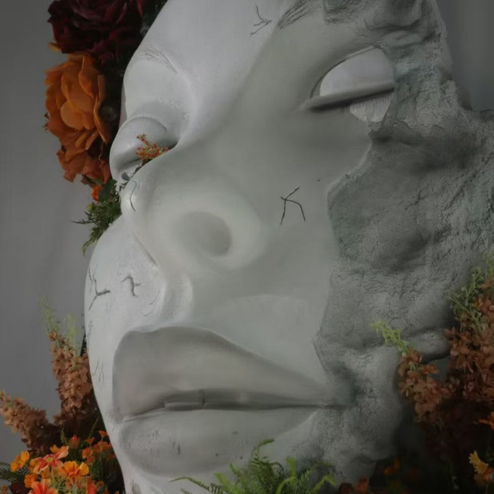 Giant Cracked Large Face Sculpture With Floral Arrangement Display