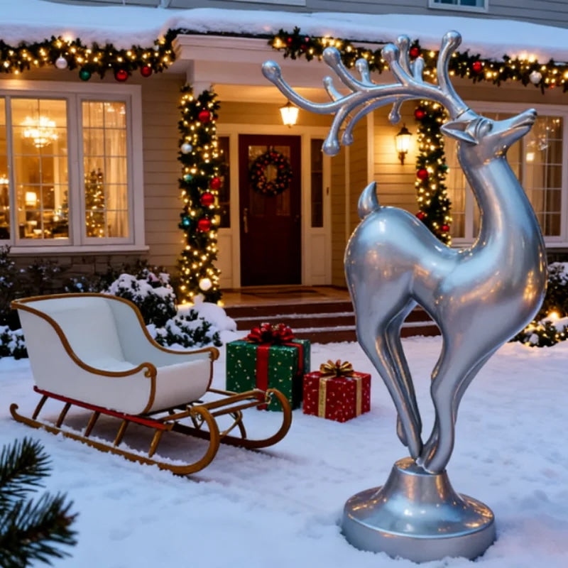 Glossy Silver Reindeer Resin Fiberglass Floor Sculpture-OVERSCALE ART