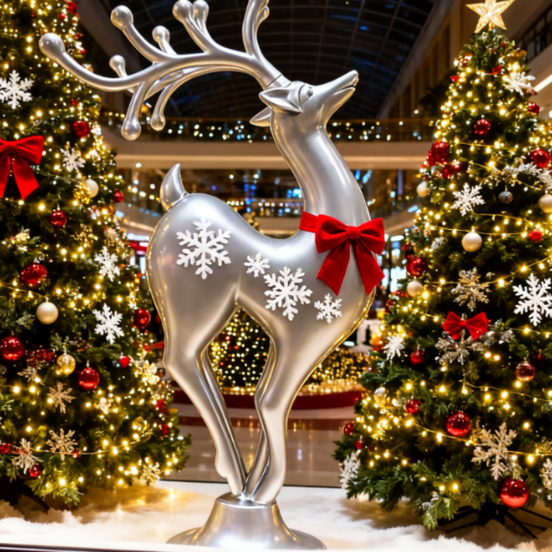 Glossy Silver Reindeer Resin Fiberglass Floor Sculpture-OVERSCALE ART