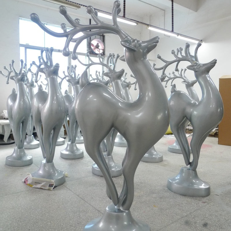 Glossy Silver Reindeer Resin Fiberglass Floor Sculpture-OVERSCALE ART