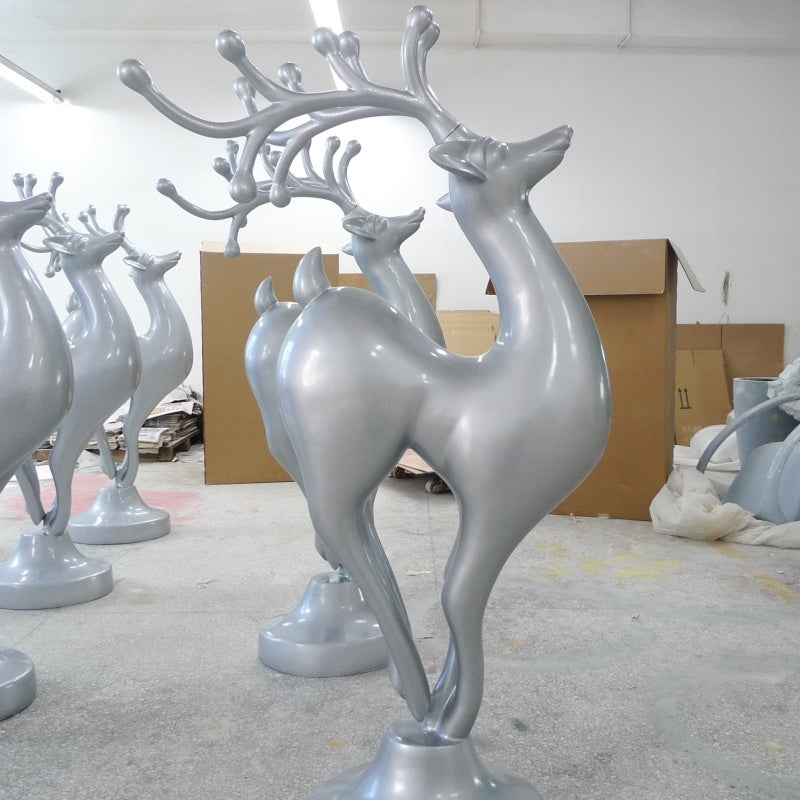 Glossy Silver Reindeer Resin Fiberglass Floor Sculpture-OVERSCALE ART