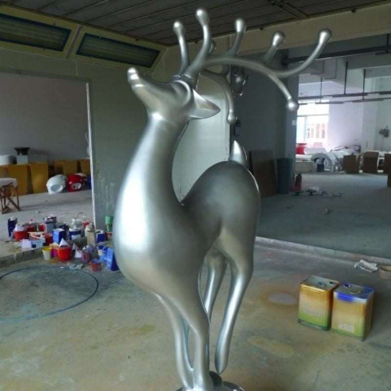 Glossy Silver Reindeer Resin Fiberglass Floor Sculpture-OVERSCALE ART