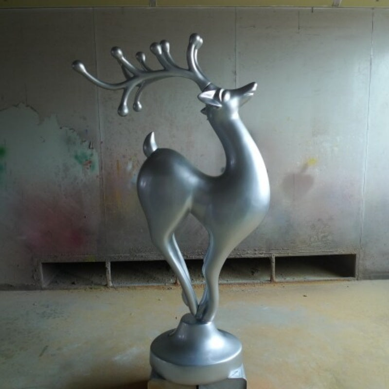 Glossy Silver Reindeer Resin Fiberglass Floor Sculpture-OVERSCALE ART
