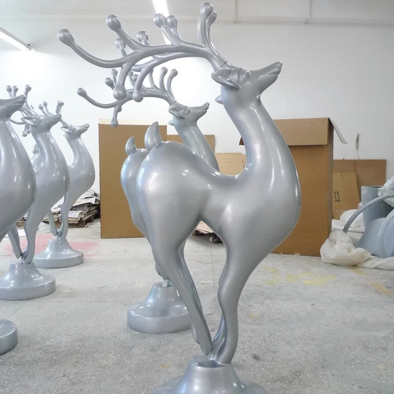 Glossy Silver Reindeer Resin Fiberglass Floor Sculpture-OVERSCALE ART