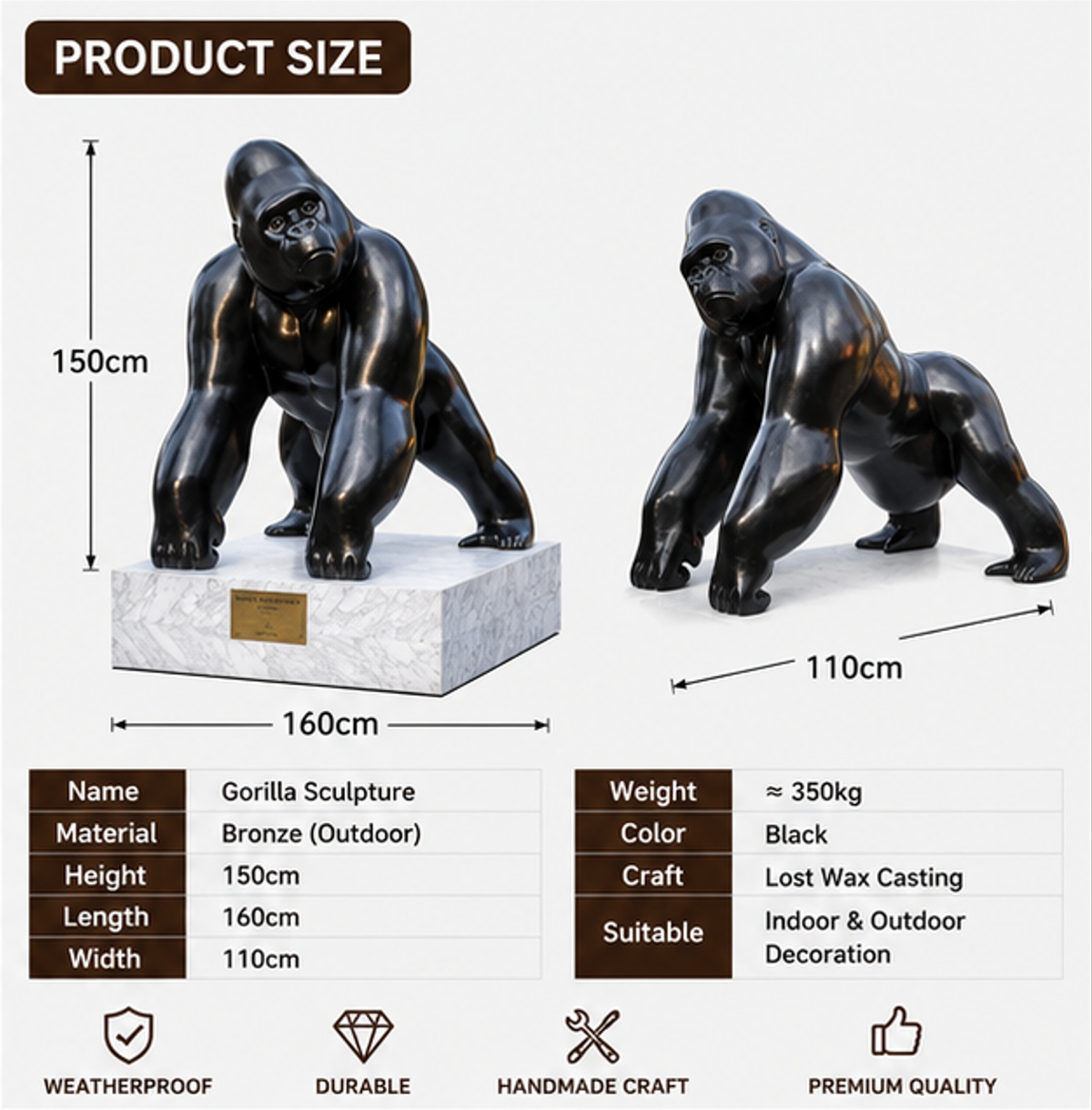 Hand Cast Life Size Bronze Gorilla Statue Large Figure