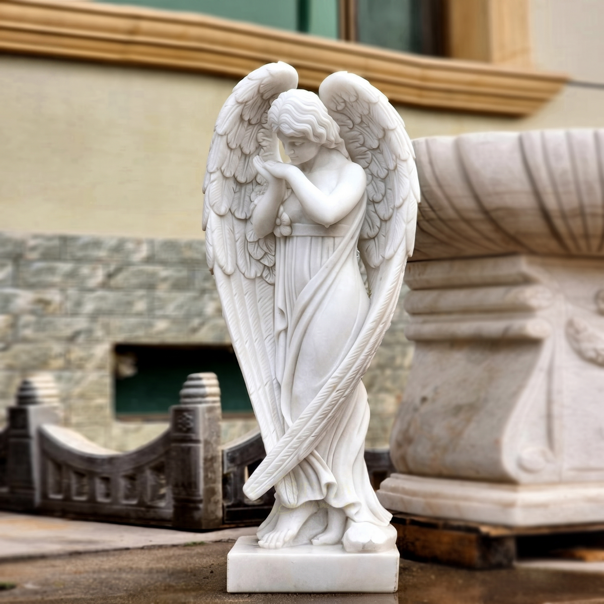 Natural Stone Marble Angel Statue with Winged Form-Garden Sculpture-OVERSCALE ART