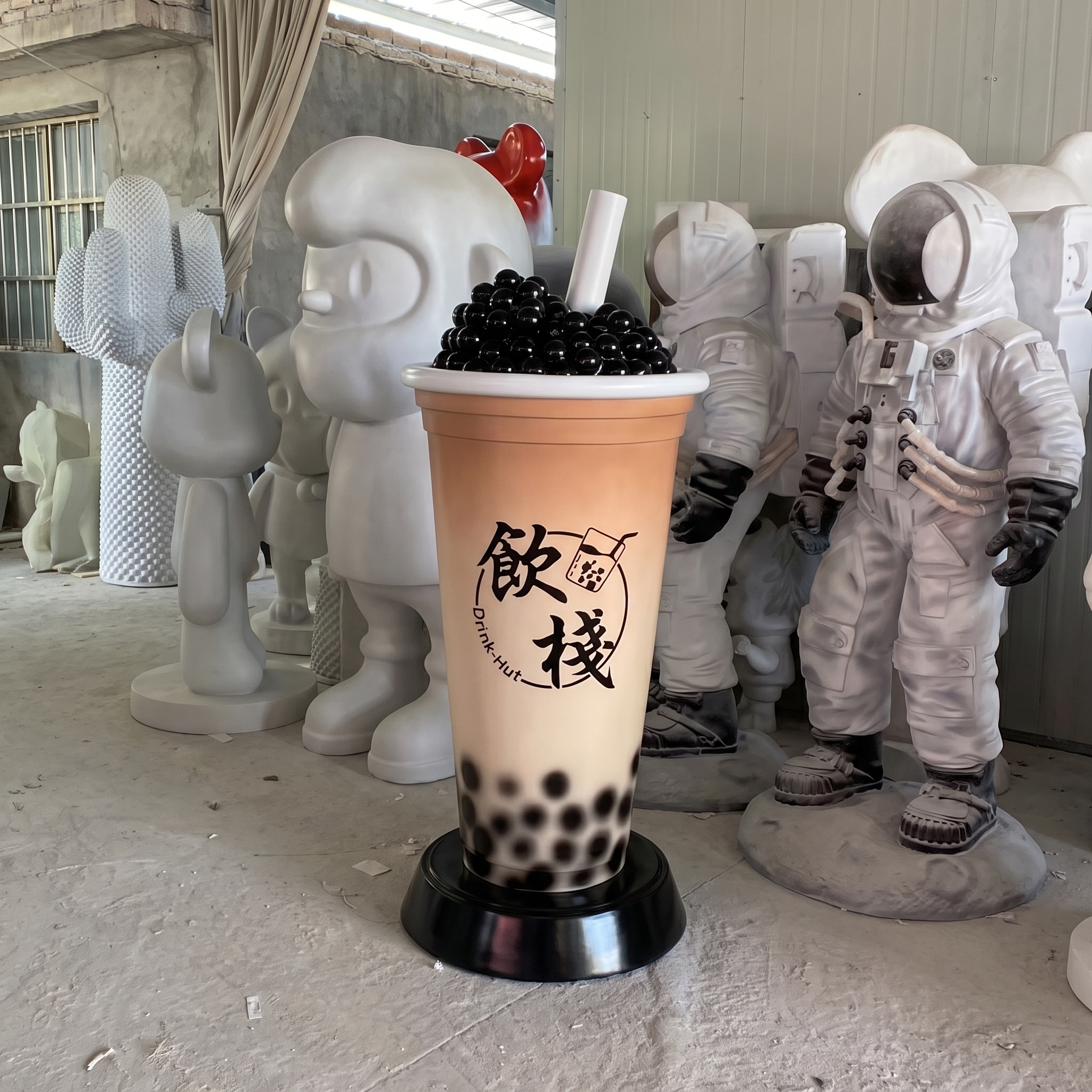 Modern Resin Bubble Tea Statue Large Outdoor Fiberglass Boba Cup