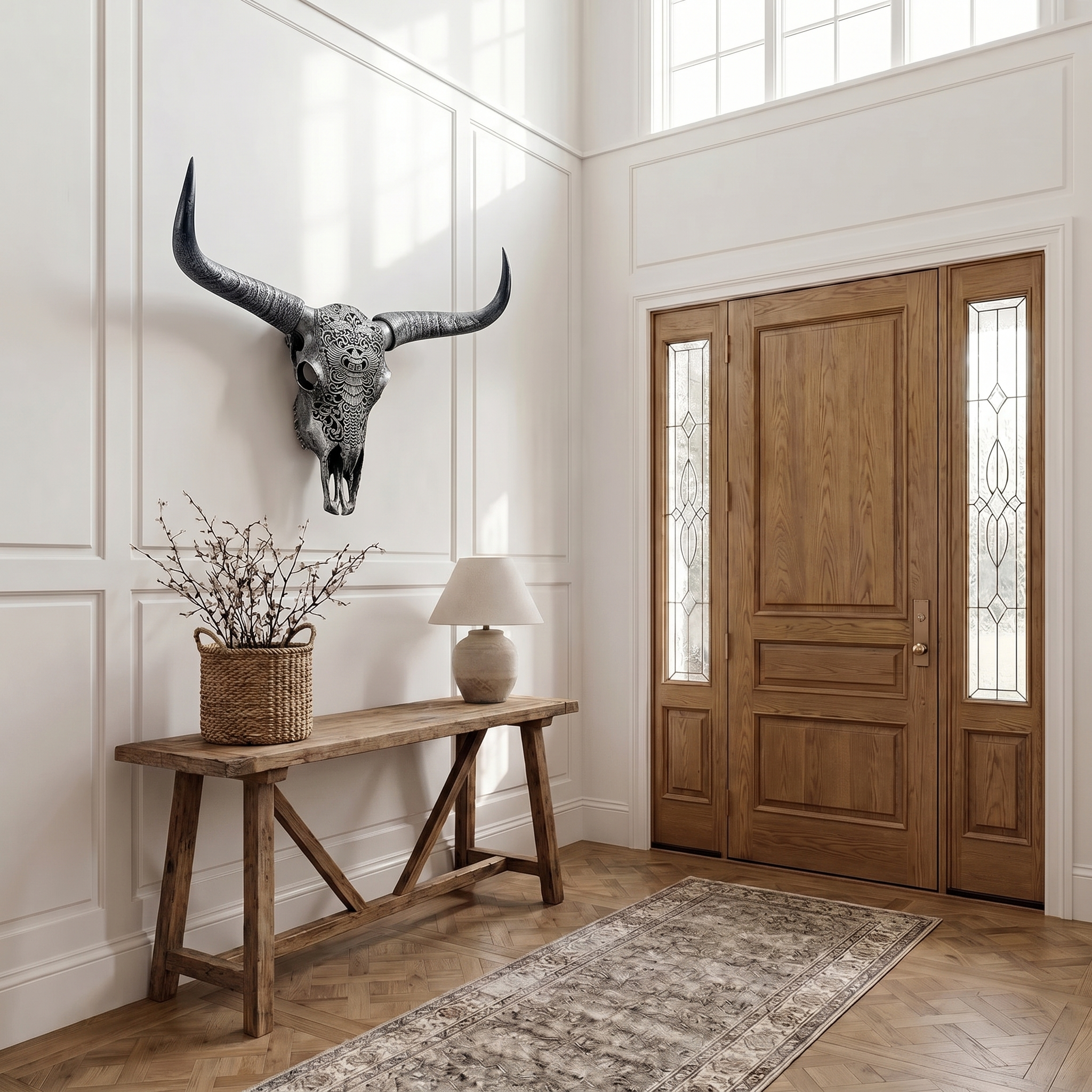 Carved cow skull longhorn wall decor sculpture
